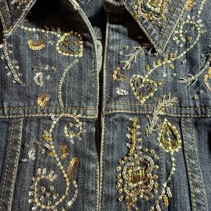 Chico's Embellished Dark Blue Denim Jacket with Gold & Silver Sequins